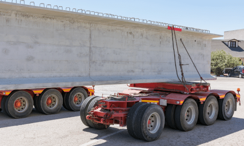 Steerable dolly trailer transporting a crane beam.
