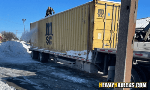 shipping container transport on a trailer